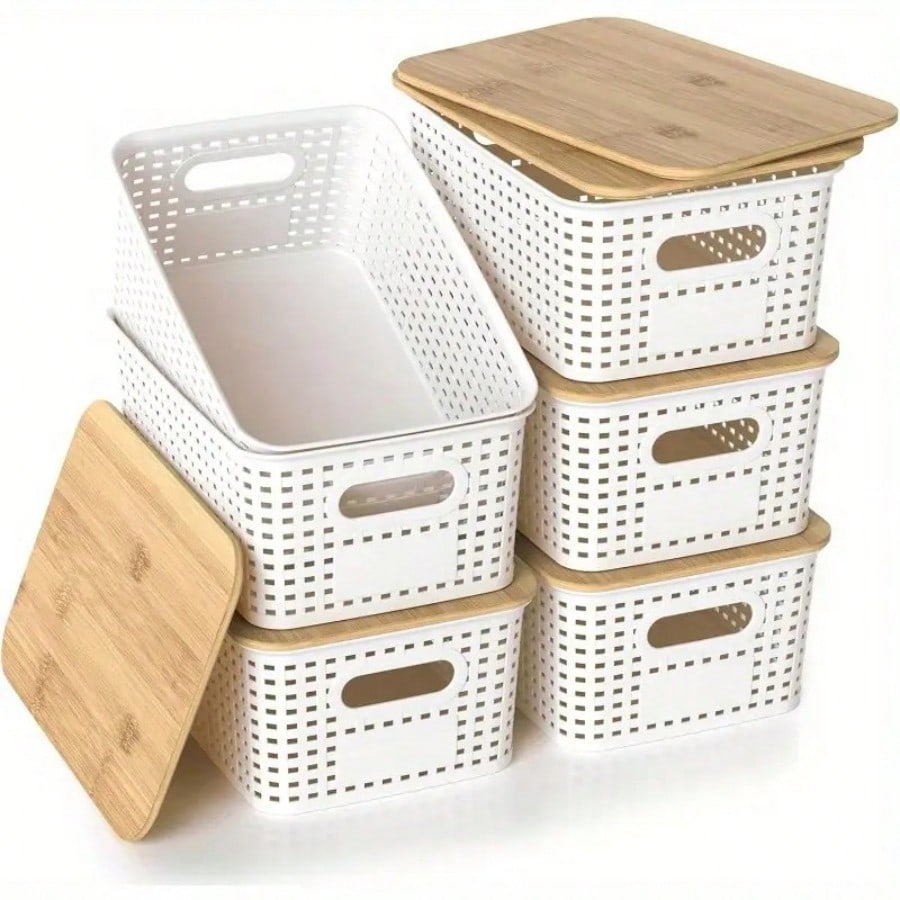 Desktop Organizer Bamboo - 6 Pack Stackable Storage Bins with