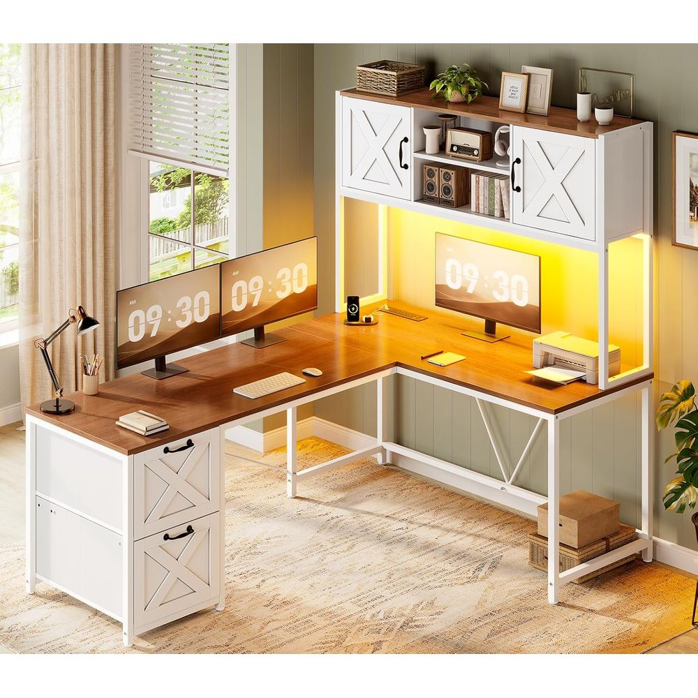 L Shaped Desk with Hutch, Reve - Home Office With Two Desks 评论和价格